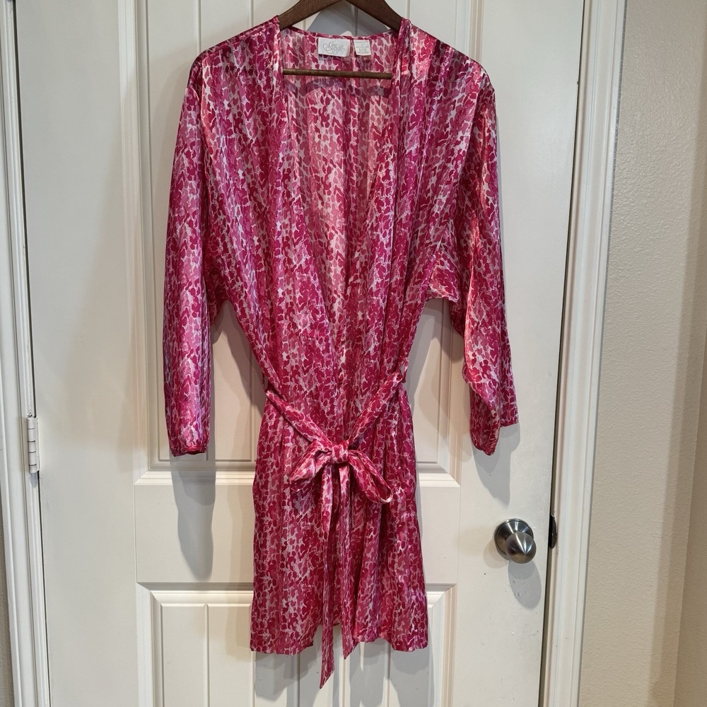 Pink Sheer Kimono Robe Women L Belted Abstract Boudoir Coquette Loungewear
